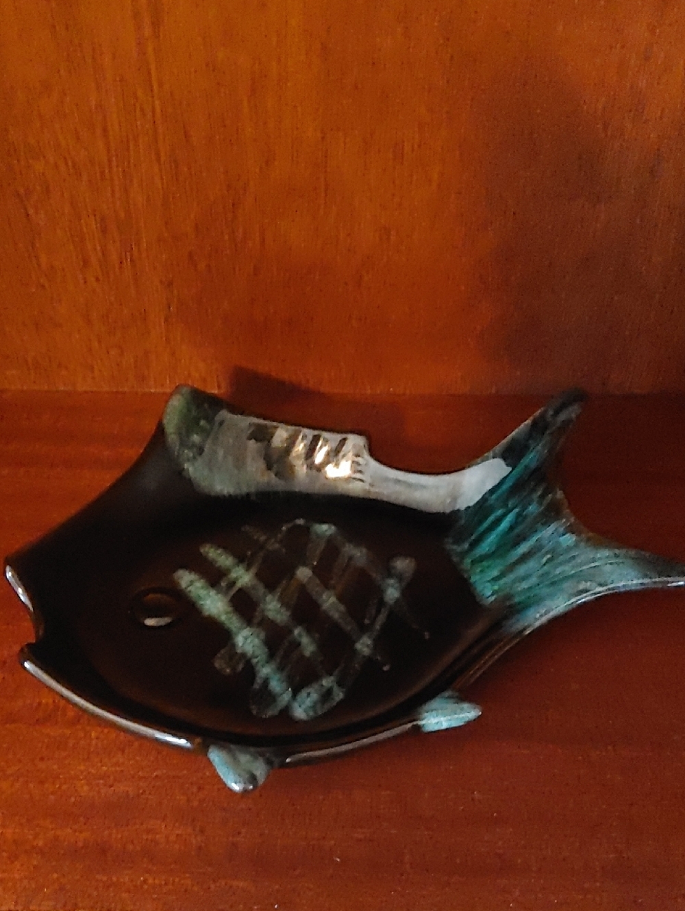 Evangeline Ware Decorative Black and Teal Fish-Shaped Dish